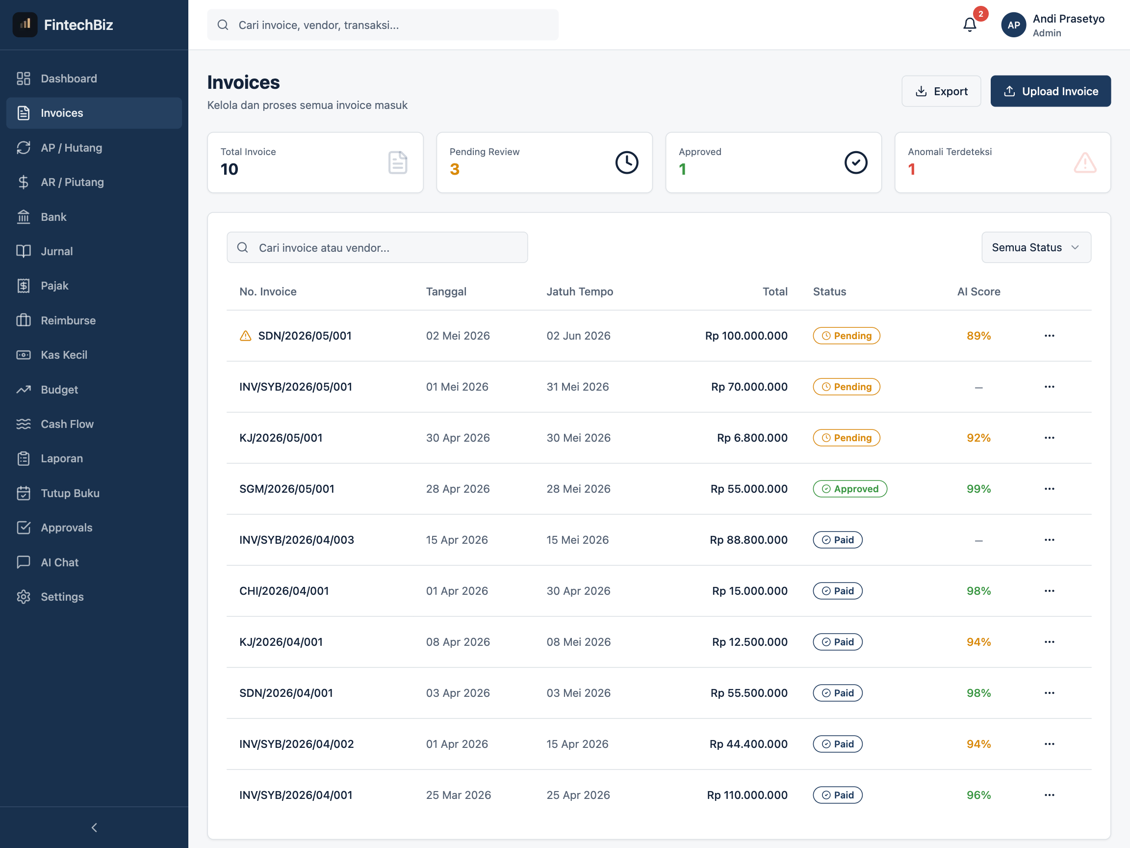 Invoice Processing - Upload dan ekstraksi data invoice otomatis dengan AI.